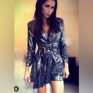 ZARA Shiny Short Romper Blazer 3/4 Sleeve knot waist v neck padded shoulder SZ S